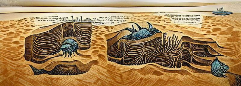 AI generated illustration based on the prompt 'The ocean is a desert with its life underground and a perfect disguise above'