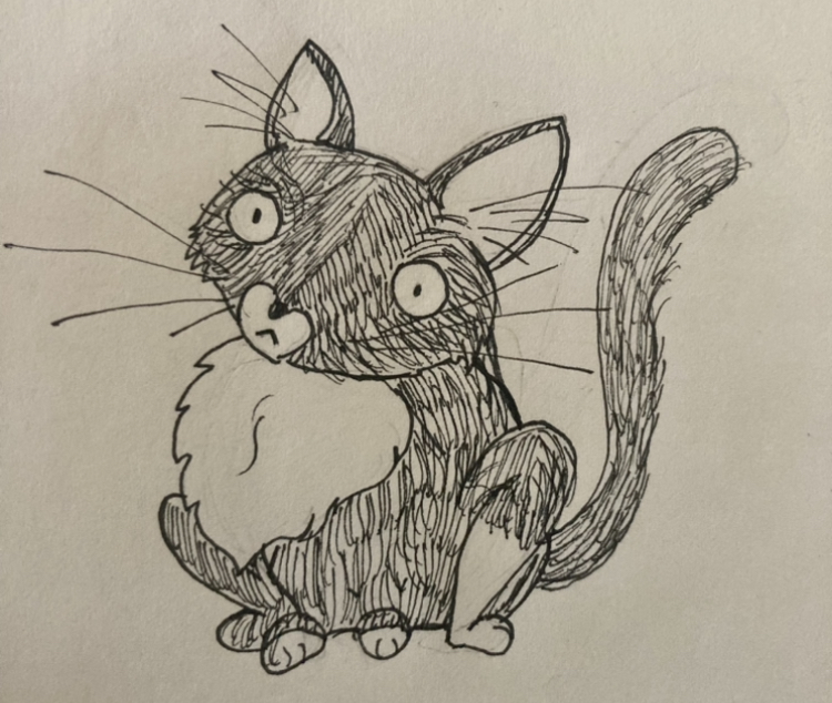 A pen and ink sketch of a wide-eyed kitten staring blankly and cocking her head to the side'